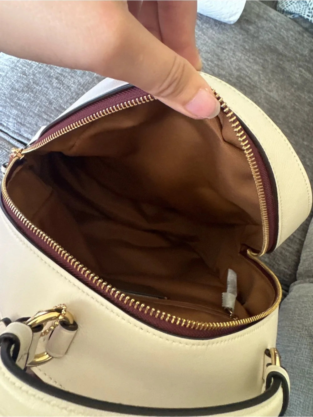 Coach Brown Signature Canvas Backpack with Cream Trim and Burgundy Zip